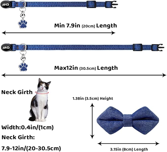 Personalized Breakaway Cat Collars - ID Tag, Bell, Bowtie - Safety Quick-Release, Customized for Girls & Boys Cats (Jean Pattern-Deep Blue)