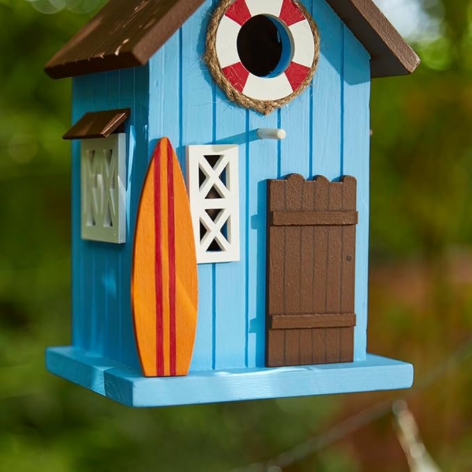 Glitzhome Bird Houses for Outside,10" H Modern Solid Wood Hand Painted Hanging Bird House Beach Hut Decorative Pet Cottage Outdoor Garden Birdhouse for Finch Bluebird Cardinals,Blue