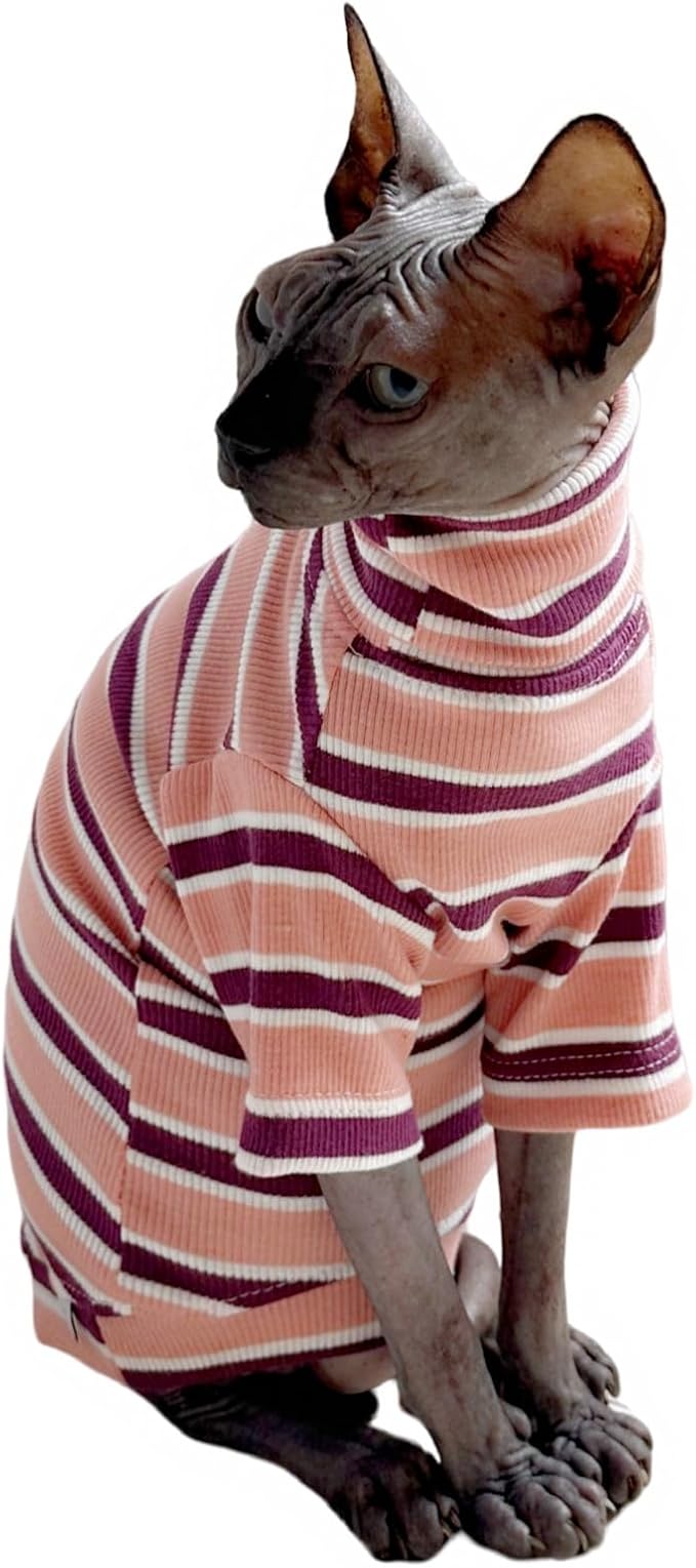 Turtle Neck Vintage Stripes Sphynx Hairless Cat Cotton T-Shirts Pet Clothes Vest Kitten Shirts Sleeveless, Cats & Small Dogs Apparel (Pink, XL (9-12.5 lbs))