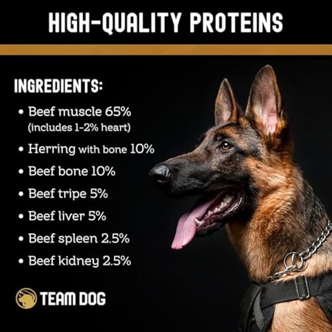 Team Dog Raw Frozen Dog Food | 65% Beef Muscle, Organ Meats, Herring & Green Tripe | All Natural Grain Free Dog Food for Optimal Health, Digestion & Coat | 24 x 1lb Rolls