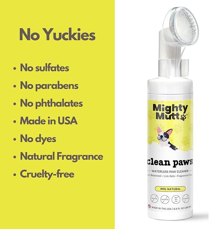MIGHTY MUTT Waterless Dog Paw Cleaner - Made in USA, No-Rinse Foaming Cleanser with Brush, Gentle & Hypoallergenic, Natural & pH-Balanced, Fragrance-Free - 6.8 oz