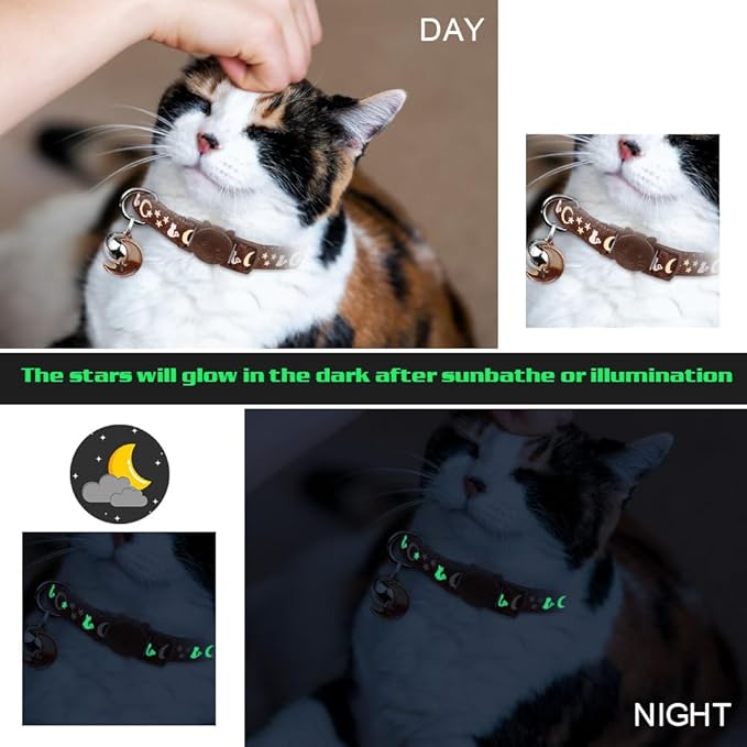 2PCS Breakaway Cat Collars with Bell Cute Kitty Glow in The Dark Adjustable Kitten Collars 7.9-13.0 Inch(Brown&Black)