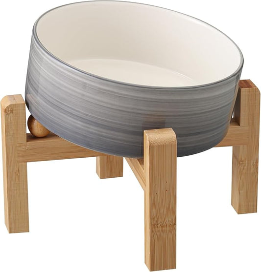 Elevated/Raised 15°Tilted Anti Slip Ceramic Dog Bowl for Medium & Large Breeds,Slanted Bulldog Big Face Pet Food Water Feeding Dish with Stand (7.6 Cups/60OZ) Grey White