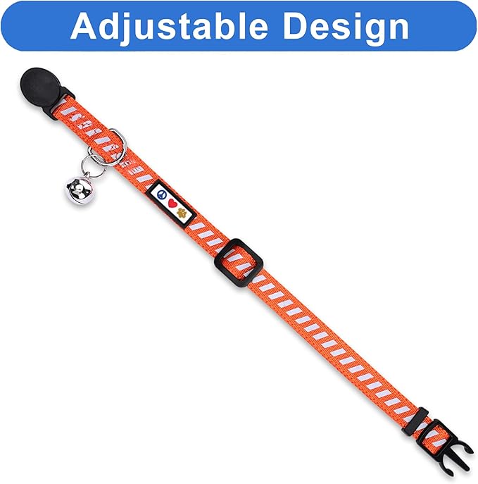 Pawtitas Personalized Cat Collar with Safety Buckle and Removable Bell Cat Collar with Name Phone Number Kitten Adjustable Collar Customized Cat Collar | Orange Reflective Collar for Cats