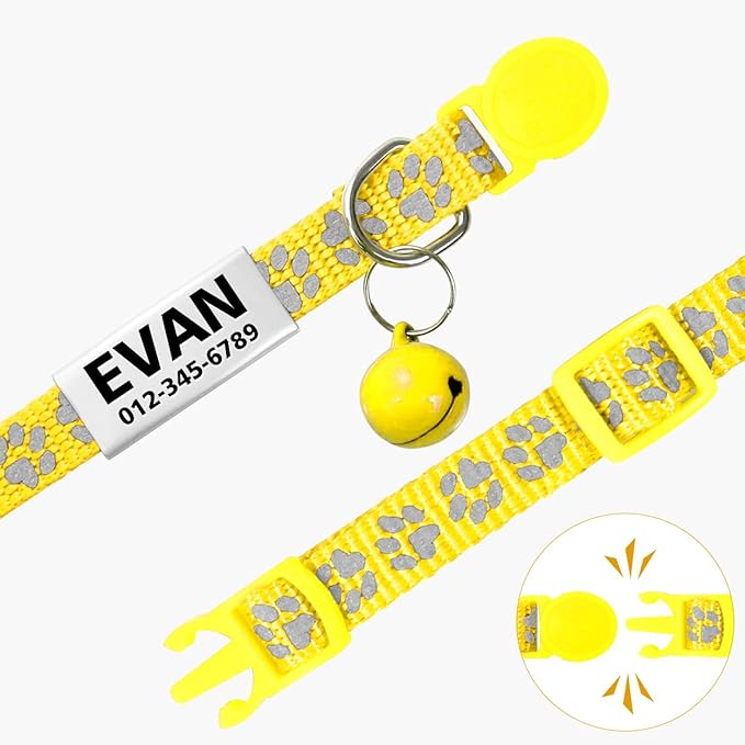 TagME 2 Pack Cat Collar with Name Tag, Personalized Reflective Cat Collar Breakaway with Bell for Boy & Girl Kitten, Yellow