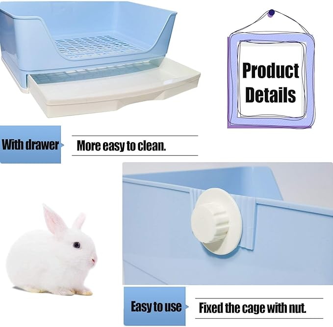kathson Large Rabbit Litter Box Trainer, Potty Corner Toilet with Drawer Bigger Pet Pan for Adult Hamster, Guinea Pig, Ferret, Galesaur, Bunny and Other Animals (Blue)