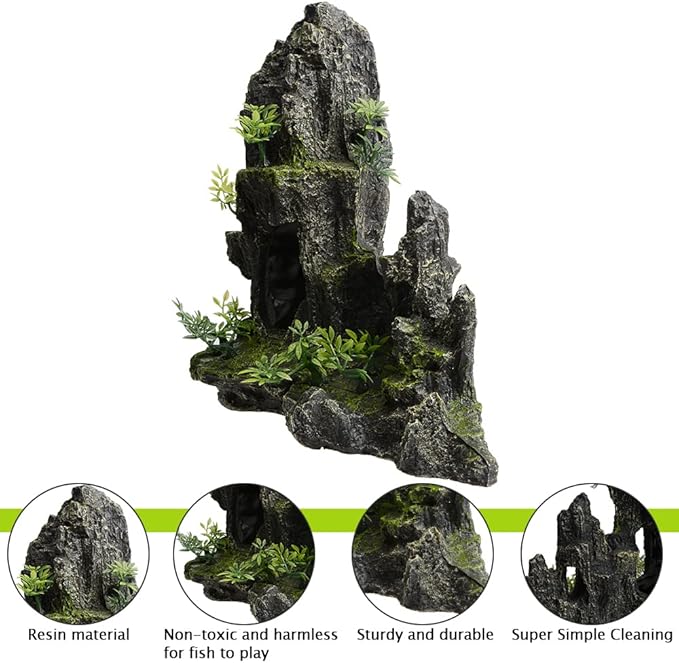 AnRui Large and Tall Aquarium Mountain View Stone Decorations Resin Betta Rock Aquascaping Hiding Cave Ornaments Fish Tank Accessories Decorations with Small Plants