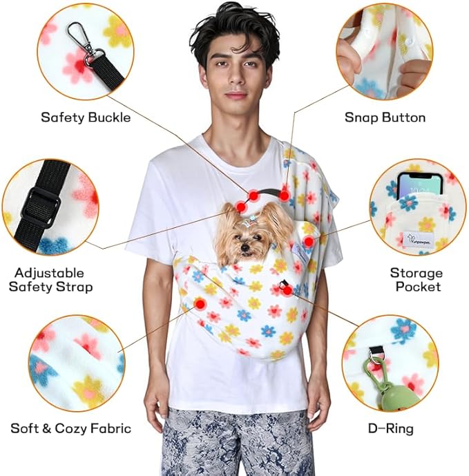 Dog Sling Carrier - Dog Sling for Small Dogs up to 10 lbs, Dog Carrier Sling with Adjustable Safety Strap & Buckle,Portable Dog Slings for Travel, Hands Free Cat Sling (Daisy)