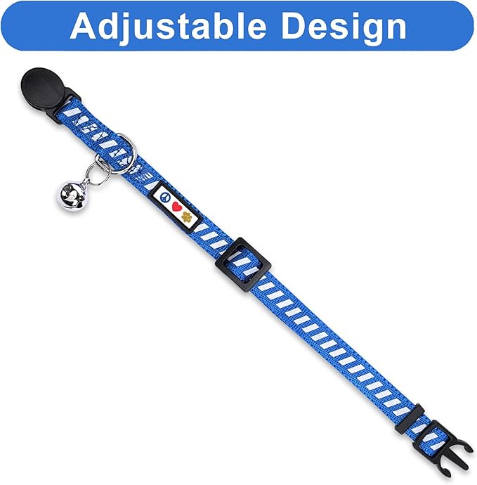 Pawtitas Personalized Cat Collar with Safety Buckle and Removable Bell Cat Collar with Name Phone Number Kitten Adjustable Collar Customized Cat Collar | Blue Reflective Collar for Cats