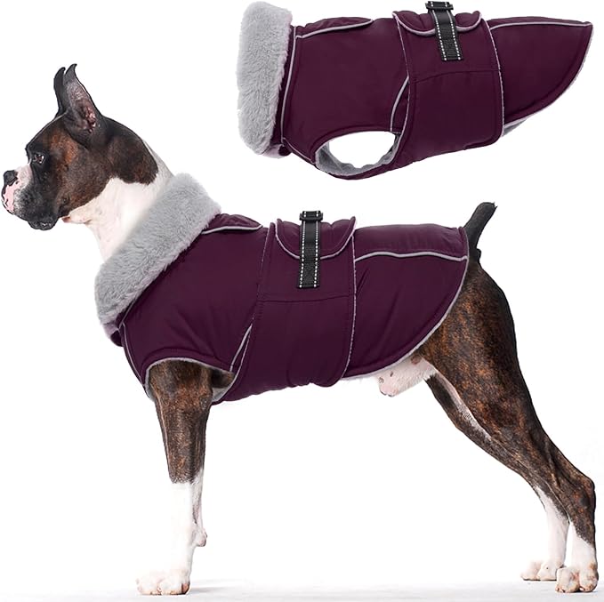Lelepet Warm Dog Coat Reflective Fleece Vest Waterproof Dog Jacket with Adjustable Buckle Hook & Loop Windproof Cold Weather Coats for Small Medium Large Dogs, Dark Purple, L