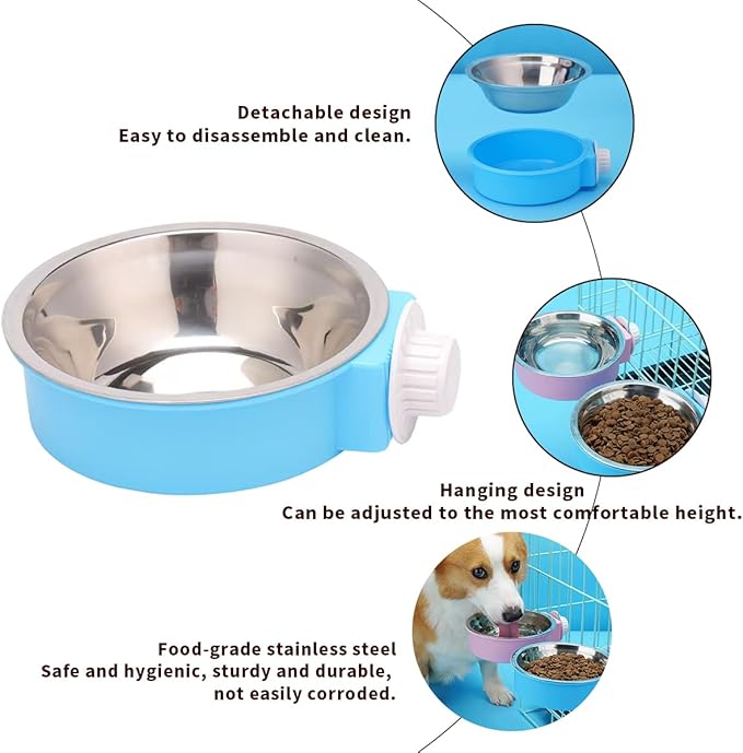 2Pcs Pets Lightweight Stainless Steel Bowl,Removable Stainless Steel Pet Hanging Food Water Feeder Bowl Cage Coop Cup for Puppy Medium Dog Cat Rabbit Ferret Bird Gunea Pigs (Blue, S)