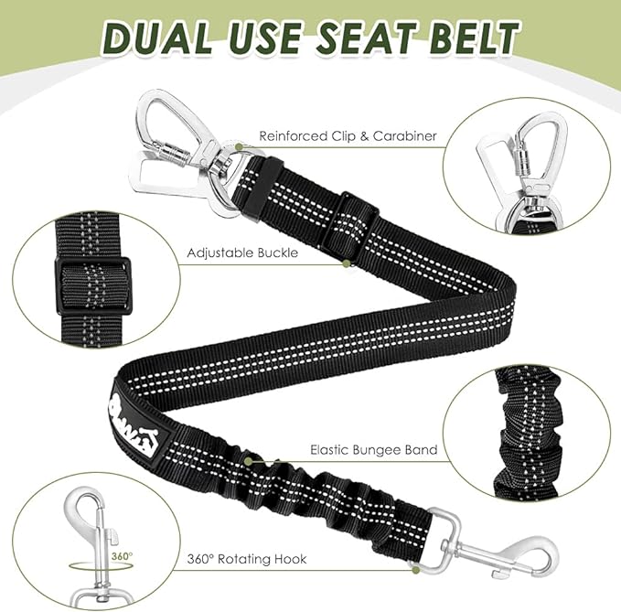 SlowTon Dog Seat Belt Harness for Car, Dog Car Harness Adjustable Mesh Breathable & Dog Seatbelt Safety Tether with Elastic Bungee for Small Medium Large Pets(Black, Double Clip, XXXS)