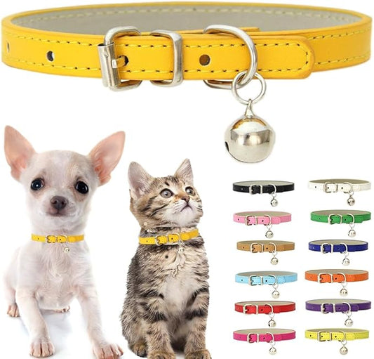 Gold Puppy Collar with Bell, Soft Pu Leather Cat Collars Adjustable Buckle for XXS XS Extra Small Medium Tiny Female Male Boys Girls Pets Dogs Kitten Teacup Yorkie S
