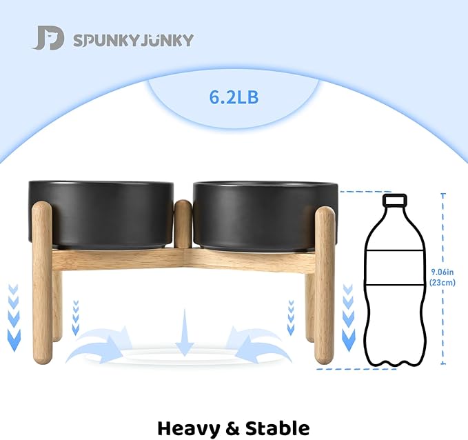 SPUNKYJUNKY Ceramics Elevated Dog Bowls with Wooden Stand Raised Dog Bowl for Medium Large Dog Food and Water Pet Feeding Bowl(Double 60OZ Bowls,Black)