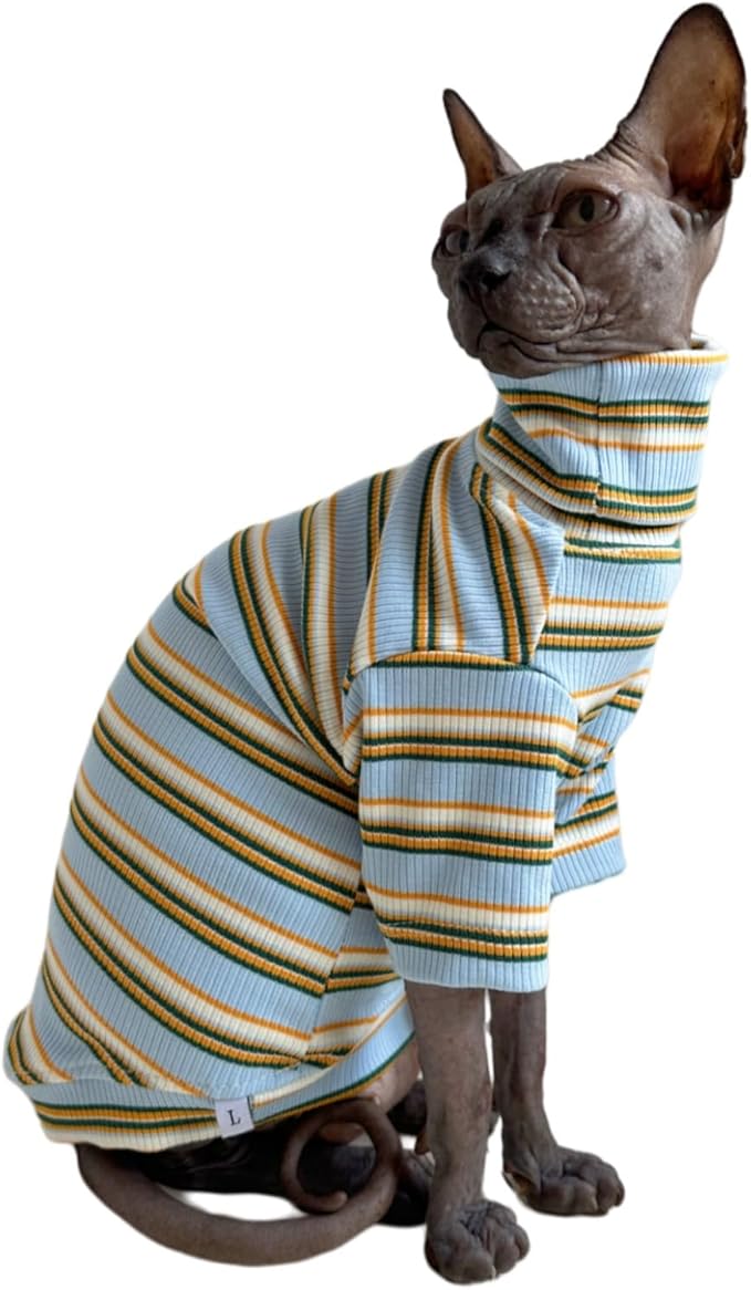 Turtle Neck Vintage Stripes Sphynx Hairless Cat Cotton T-Shirts Pet Clothes Vest Kitten Shirts Sleeveless, Cats & Small Dogs Apparel (Light Blue, (7-8.8 lbs))