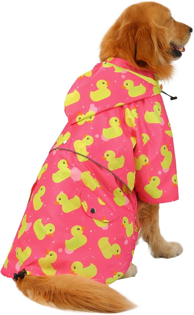 HDE Dog Raincoat Poncho Double Layer Zip Rain Jacket with Removable Hood, Leash Hole for Small to 3XL Dogs and Puppies Ducks Pink - XL