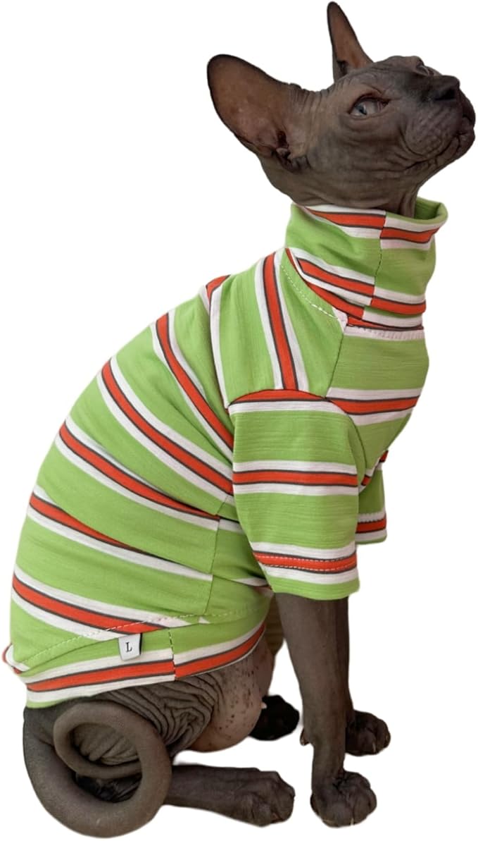 Vintage Stripes Sphynx Hairless Cats Shirt Cotton Cat Turtleneck Pet Clothes Kitten T-Shirts with Sleeves for Sphynx Cornish Rex, Devon Rex, Peterbald (Orange & Green, Large (Pack of 1))