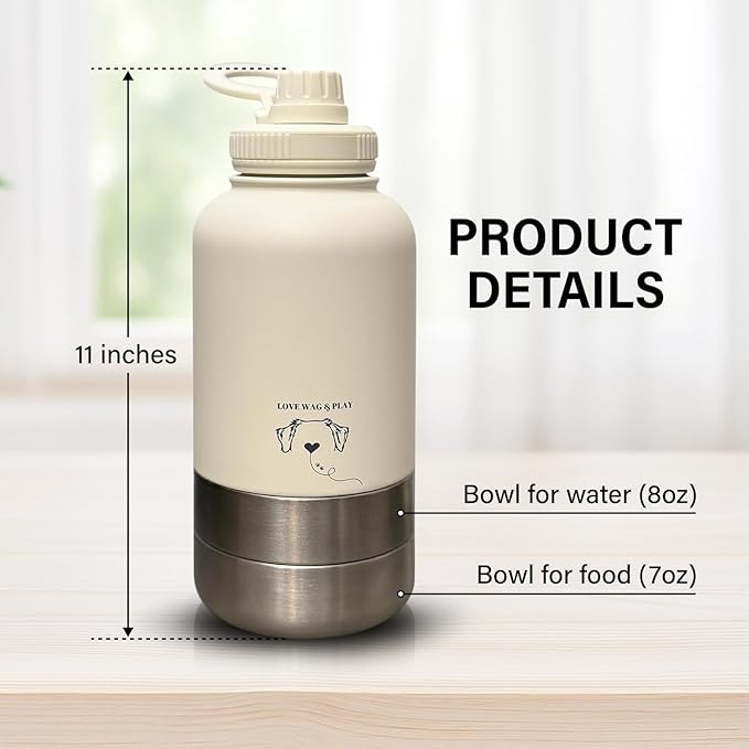 Love Wag & Play Dog Water Bottle Portable – 2 in 1 Stainless Steel Bowl for Food, Water – Leakproof Portable Water Bowl for Dog with Carry Loop – Detachable Design – Ideal for Kibble, Treats – Green