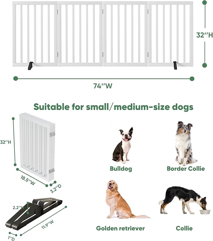 Dog Gates for Doorways, Tall Dog Gate Indoor, Foldable Pet Gates for Doorways Bedroom, Freestanding Puppy Gate with Metal Support Feet, Room Divider, 4 Panels (White)