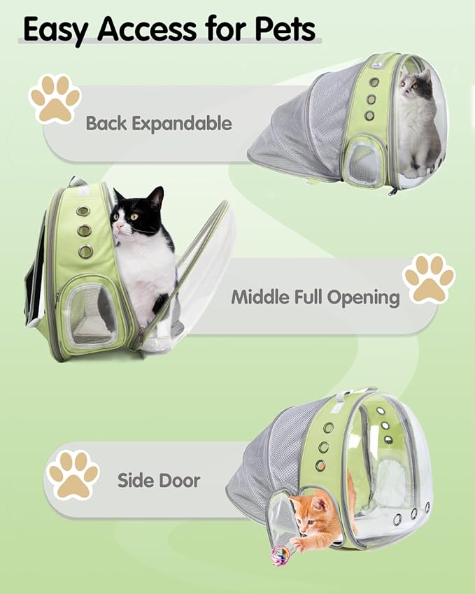 Cat Backpack Carrier Bubble Expandable Foldable Breathable Pet Carrier Dog Carrier Backpack for Large Big Cats Hiking, Travelling, Camping (Back Expandable-LightGreen)