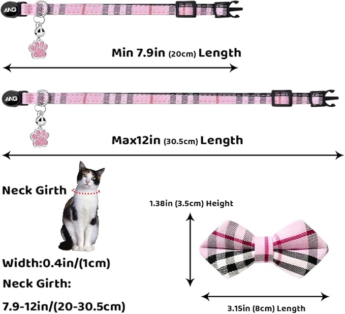 Personalized Breakaway Cat Collars - ID Tag, Bell, Bowtie - Safety Quick-Release, Customized for Girls & Boys Cats (British Tartan-Pink)