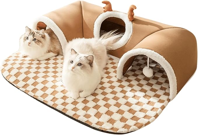 Cat Tunnel Bed Indoor,Cat Peekaboo Cave Bed for Multiple Cats,Kitty Tube with Cat Balls Toys,Removable Cat Bed House Washable,Small Animal Tunnel for Kitty,Bunny (Brown,Medium)