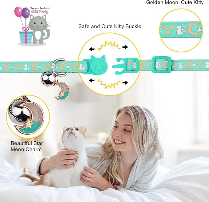2PCS Breakaway Cat Collars with Bell Moons Stars Cute Kitty Adjustable Safe Kitten Collars with Pendant Glow in The Dark(Purple&Teal)