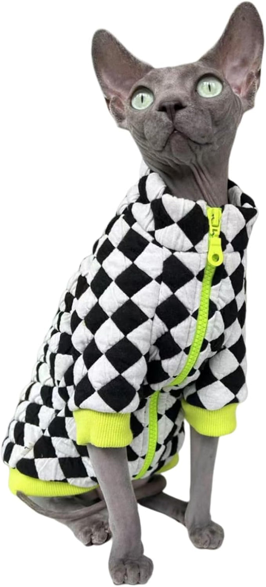 Turtleneck Sphynx Cat Winter Clothes, Double-Sided Fleece Jacket with Zipper, Sweater for Sphynx Cat Warm Outfit Coat for Hairless Cats and Small Dogs Apparel with Sleeves (Checkerboard, Medium)