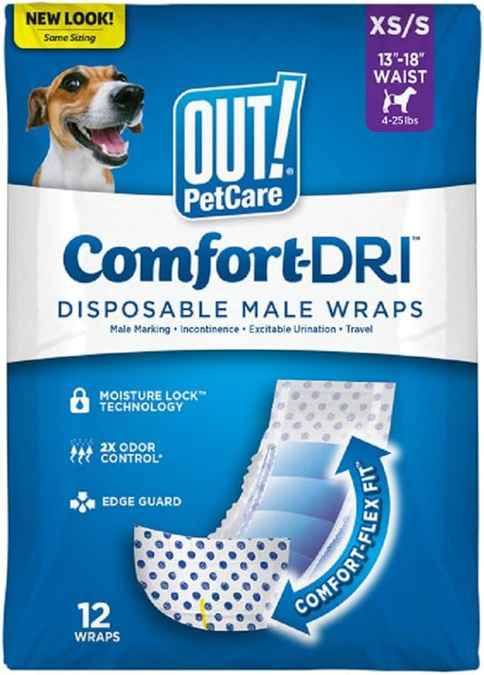 Out! PetCare Disposable Dog Diapers Male, Puppy Belly Band, Potty Training, Doggie Diapers, Belly Bands for Male Dogs, Puppy Training, Incontinence, (XS/S, 12ct)