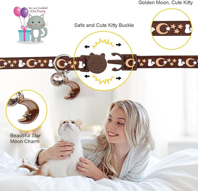 2PCS Breakaway Cat Collars with Bell Cute Kitty Glow in The Dark Adjustable Kitten Collars 7.9-13.0 Inch(Brown&Black)