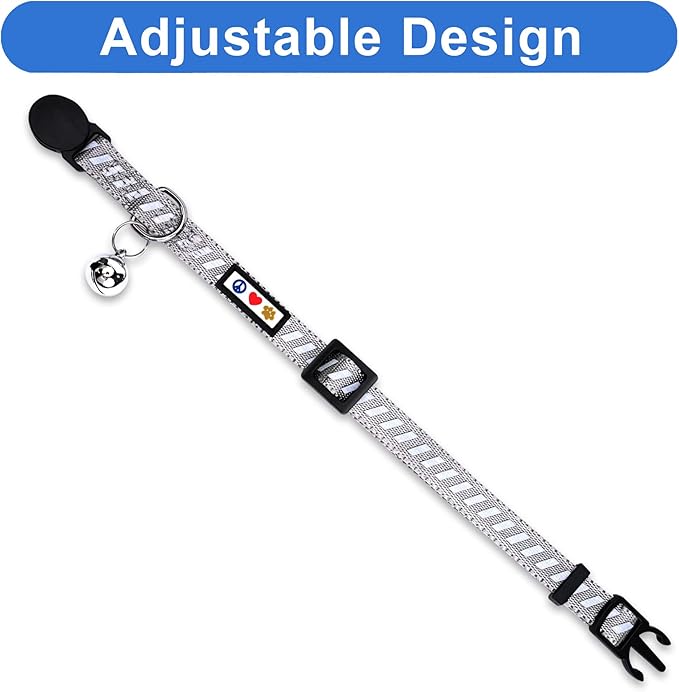 Pawtitas Personalized Cat Collar with Breakaway Safety Release Buckle Adjustable Length | Cat Collar with Custom Embroidered for Your Pet's Name and Phone Number | Grey Cat Collar with Removable Bell