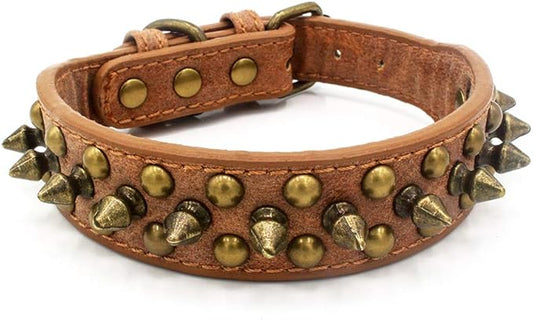 Spiked Dog Collar, Mushrooms Rivet Studded Adjustable Pu Leather Pet Collars for Cats Puppy Dogs (L, Brown1)