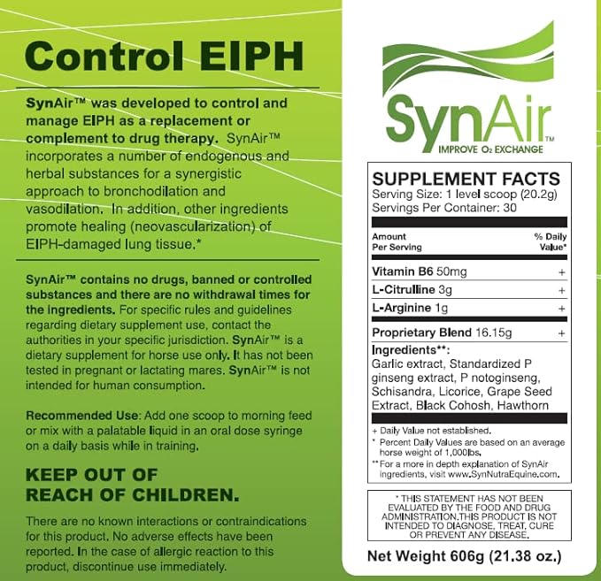 SynAir – Natural EIPH Management & Lung Support for Horses – Drug-Free Formula to Promote Airway Health & Recovery – Made in USA