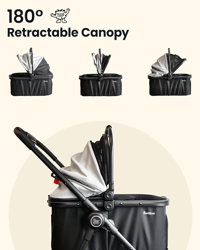 Pet Stroller for Small Dogs and Cats, One-Click Foldable Dog Stroller with Detachable Carrier & 3 Safety Tethers, Holds up to 33 lbs, Storage Basket & Cup Holder, Breathable Mesh, Black