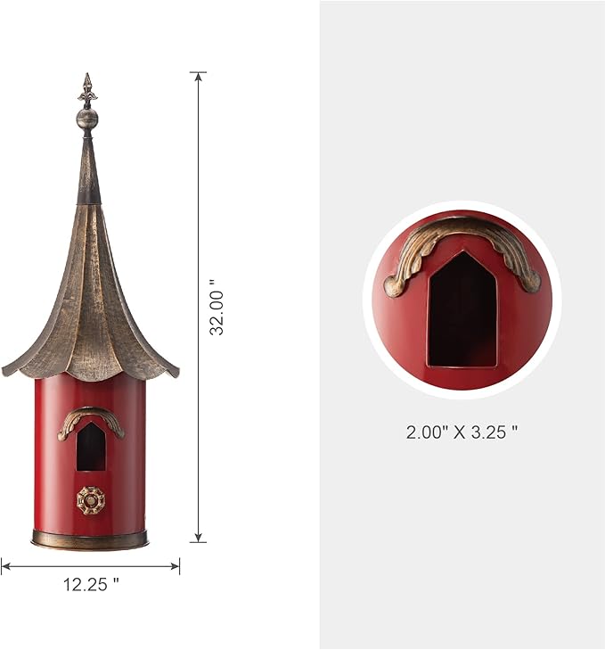 Glitzhome 32”H Metal Hanging Birdhouse for Outdoors Oversized Farmhouse Pagoda Painted Bird House with Bronze Roof for Bluebird Wren Chickadee Sparrow Bird Nest Box for Garden Patio, Retro Red