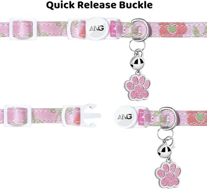 Personalized Breakaway Cat Collars - ID Tag, Bell, Bowtie - Safety Quick-Release, Customized for Girls & Boys Cats (Floral Pattern-Pink)