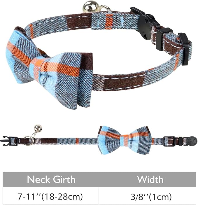 Joytale Upgraded Cat Collar with Bells, Breakaway Cat Collars with Bow Tie, 1 Pack Girl Boy Safety Plaid Kitten Collars, Haze Blue