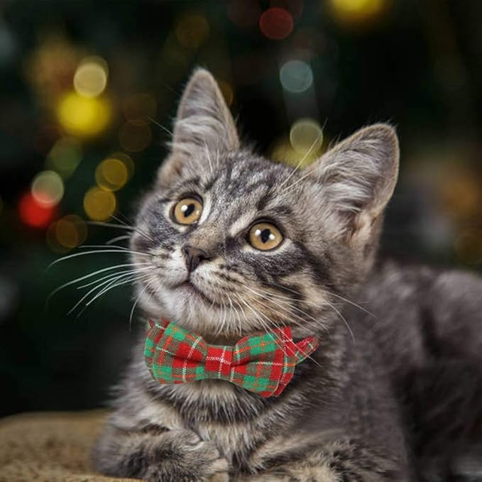 Joytale Upgraded Christmas Cat Collar with Bells, Breakaway Cat Collars with Bow Tie, 1 Pack Girl Boy Safety Plaid Kitten Collars, Red+Green Plaid