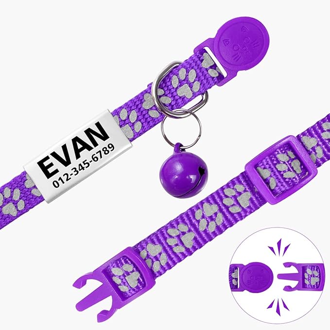 TagME 2 Pack Cat Collar with Name Tag, Personalized Reflective Cat Collar Breakaway with Bell for Boy & Girl Kitten, Purple