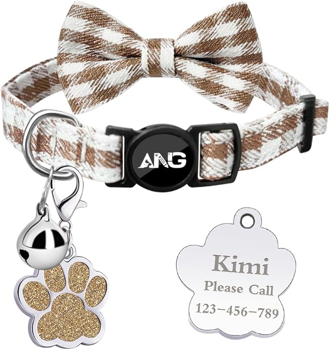 Personalized Breakaway Cat Collars - ID Tag, Bell, Bowtie - Safety Quick-Release, Customized for Girls & Boys Cats (Houndstooth-Brown)