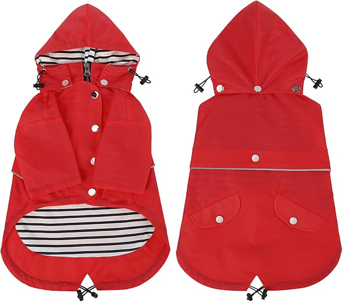 HDE Dog Raincoat Poncho Double Layer Zip Rain Jacket with Removable Hood, Leash Hole for Small to 3XL Dogs and Puppies Red - L