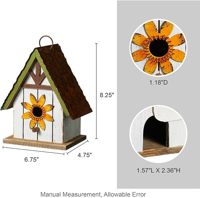 Glitzhome 8.25" H Solid Wood Decorative Hanging Bird House Distressed Cottage Outdoor Garden Birdhouse with 3D Metal Roof and Flower