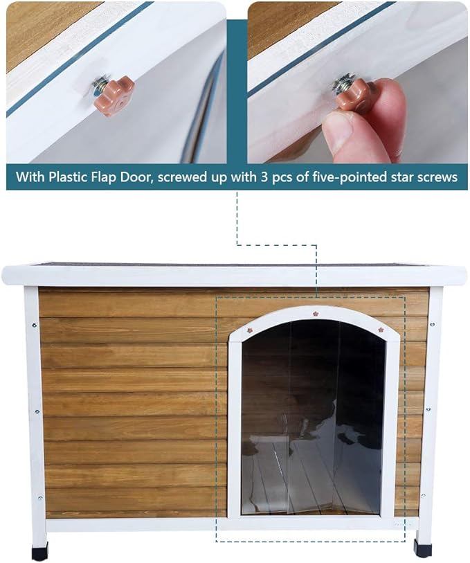 Petsfit Wooden Dog House for Medium to Large Dogs, Yellow and White, large/45.6" x 30.9" x 32.1"