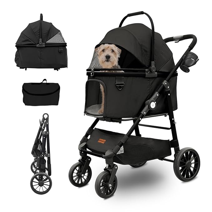 Dog Cat Stroller, Foldable 4 Wheels Dog Stroller for Small Medium Dogs 20 lbs,Pet Strollers for Large Dogs 50lbs, Stable Anti-Shock Detachble Carrier,with 360°Swiveling Front Wheel forTravel