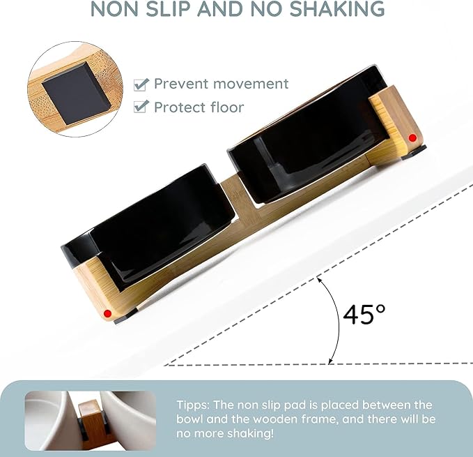 SPUNKYJUNKY Ceramic Dog and Cat Bowl Set with Wooden Stand, Modern Cute Weighted Food Water Set for Small Size Dogs (13.5OZ) & Medium Sized Dogs (28.7OZ) & Cats (1.7 Cups, 2 × Starry Blue)