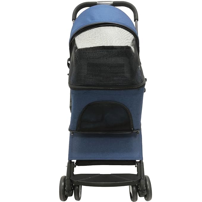 Critter Sitters Pet Stroller with Storage Basket, Single Carriage Carrier for Animals up to 33 lbs., 4-Wheel, Travel and Transportation for Cats, Small Dogs, Blue