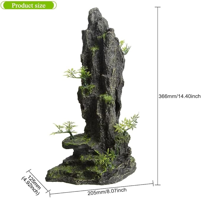 AnRui Aquarium Decorations Large and Tall Mountain View Stone Betta Hideout Fish Tank Accessories Decor Cute Tree Rock Cave Landscape for Turtles, Fish to Play, 14.4inch