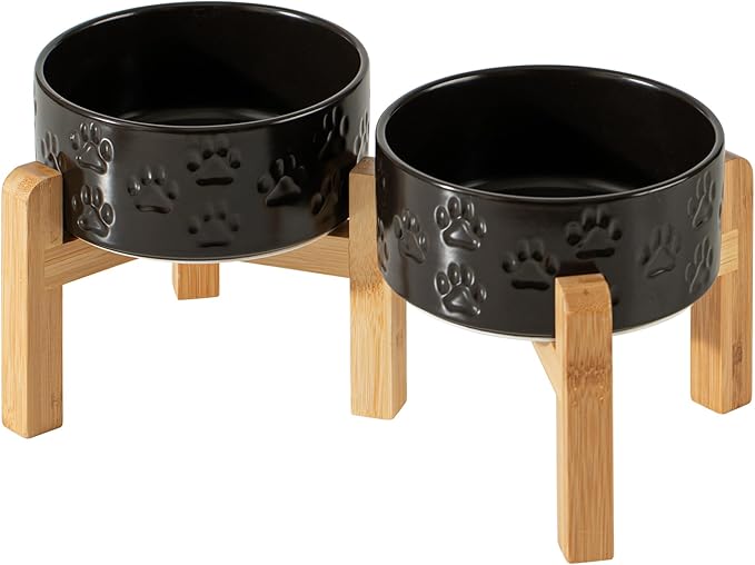 6" Raised Ceramic Dog Bowl Set, 3.5-Cup Dog Dishes with Two-Height Stand, Elevated Food and Water Bowls for Small Breed Dogs, Microwave Safe (Double Bowls + Stand - Black, 6 inch)
