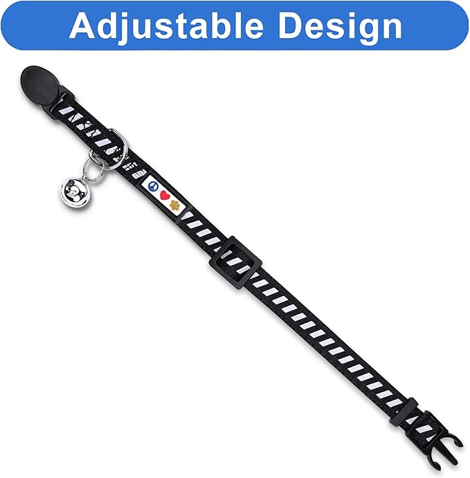 Pawtitas Personalized Cat Collar with Safety Buckle and Removable Bell Cat Collar with Name Phone Number Kitten Adjustable Collar Customized Cat Collar | Black Reflective Collar for Cats