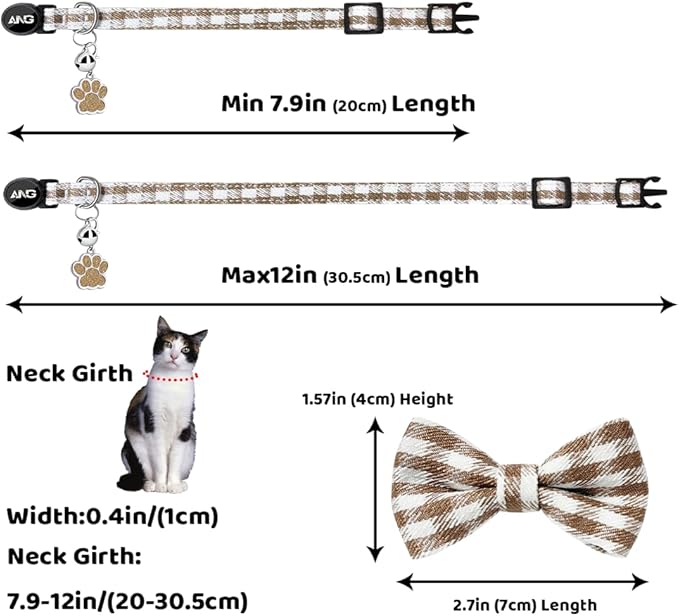 Personalized Breakaway Cat Collars - ID Tag, Bell, Bowtie - Safety Quick-Release, Customized for Girls & Boys Cats (Houndstooth-Brown)